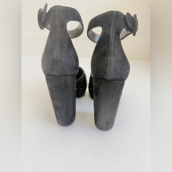 Prada Black Suede Leather Rhinestone embellished ankle strap chunky heel sandals - Picture 6 of 11